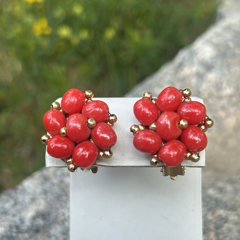 Vintage stamped Hong Kong red bead and brass clip on earrings